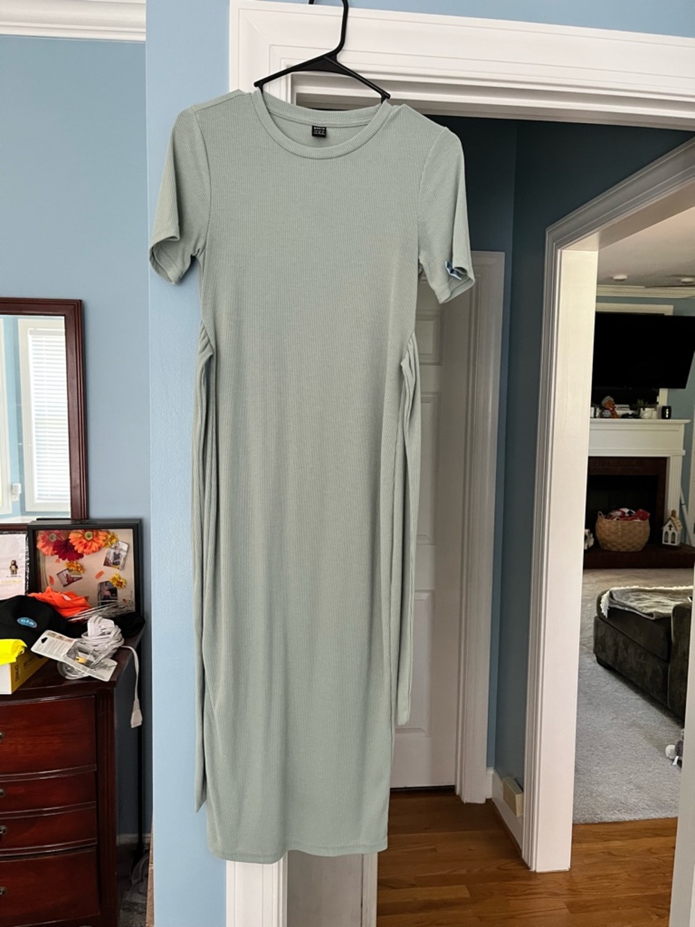 SHEIN Sage Green Ribbed Short-Sleeve Midi Dress with Side Ties